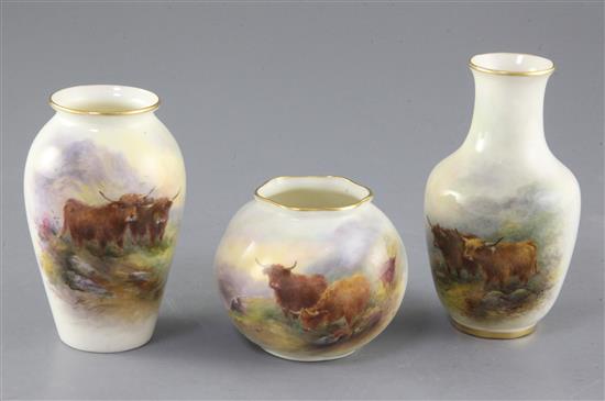 Harry Stinton for Royal Worcester. Three Highland cattle painted vases, first half 20th century, height 6.8cm - 12cm